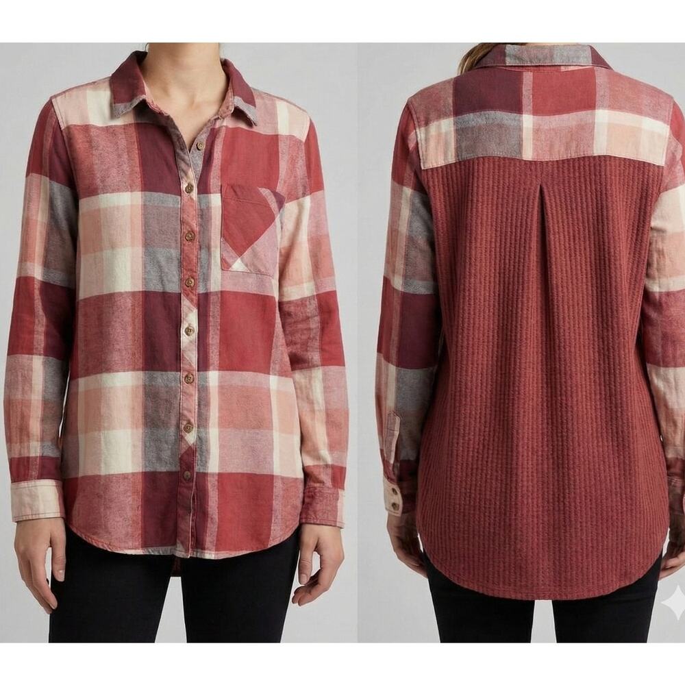 Massini Womens Medium Button Front Pink Plaid Waffle Knit Back L/S Shirt